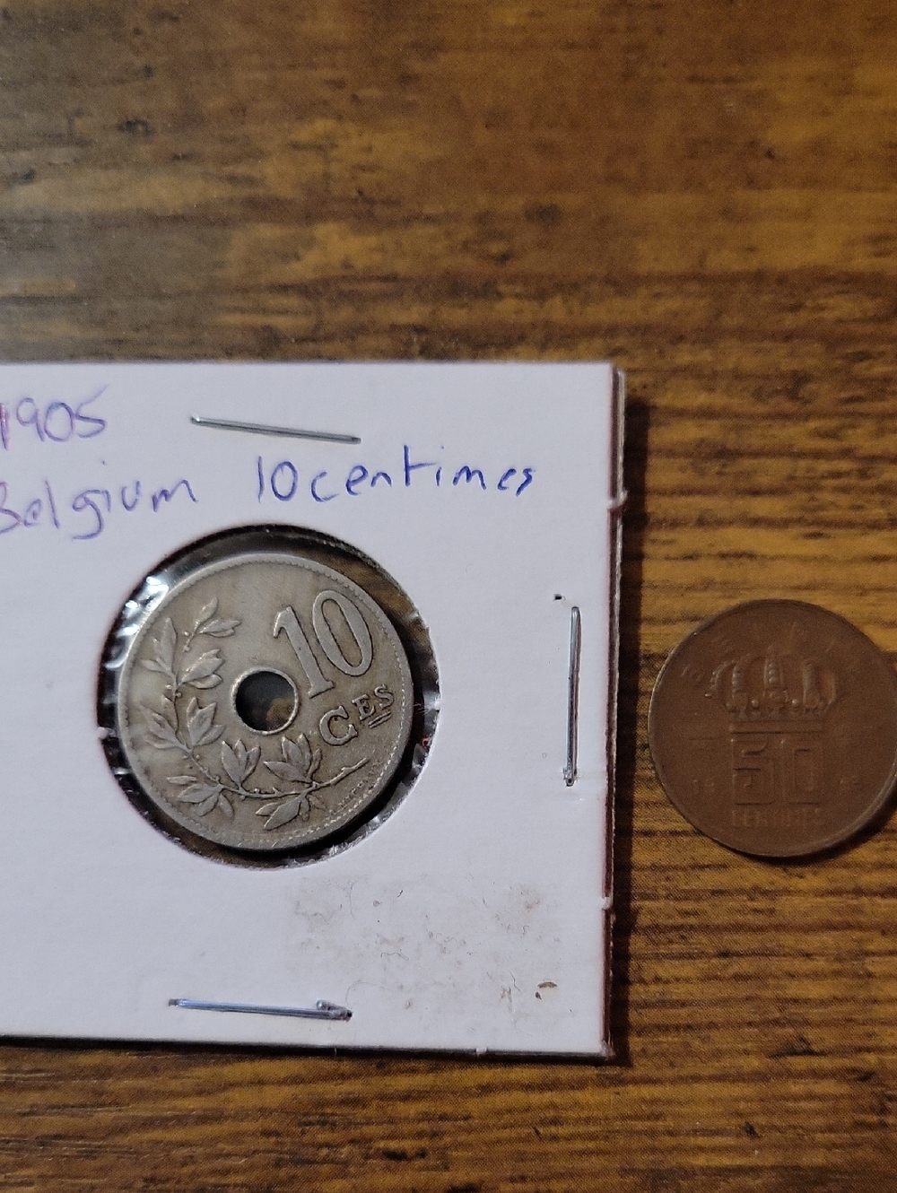 Vintage Belgium 10 & 50 Centimes Coin with Center Hole - Silver & Bronze Tone